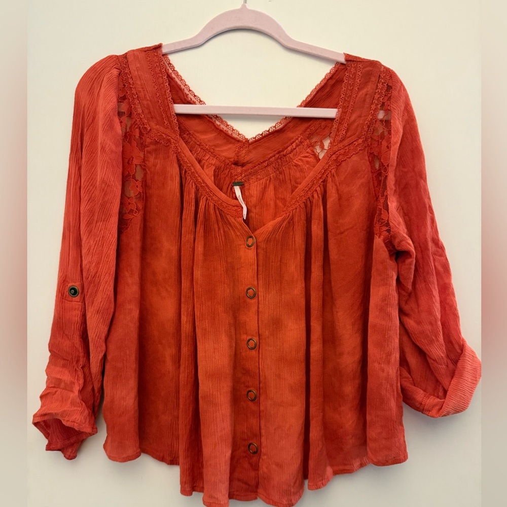 Free People rust top with lace and button details